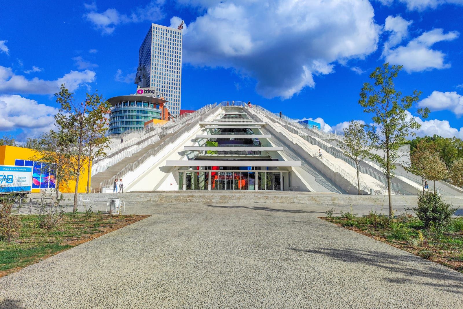 The renovated Pyramid of Tirana, a bright modern landmark in the city centre